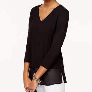 Michael Kors Mixed Woven and Knit Layered Hem V-Neck 3/4 Sleeve Top